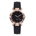 Detail of rose gold faceted glass quartz watch with black starry dial and leather strap - Black