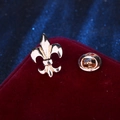 Classic golden fleur-de-lis metal brooch pin with clutch back on red velvet background - Gold Fleur-de-lis
