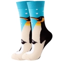 Detail of knitted mid-calf socks featuring a cartoon penguin pattern and ribbed cuffs - EU 36-42 / Blue Penguin Mother and Baby