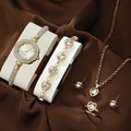 Elegant 5-piece gold jewelry set with quartz watch and crystal accents on silk background - Light Gold White Heart Rhinestone Set