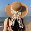 Women's light khaki straw sun hat with large white floral lace bow for beach vacation - Large Brim Flower Style - Khaki