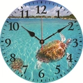 Silent round wall clock featuring a sea turtle swimming in ocean with Arabic numerals - Sea Turtle Beach