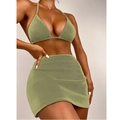 Conjunto de bikini de 3 piezas verde oliva acanalado con top halter y minifalda a juego - S / verde oliva