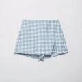 Zweiteiliges Tweed-Set mit blau-grünem Karomuster und strukturierter Rock-Shorts-Optik - XS / Pants