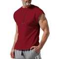 Close-up of wine red sleeveless athletic T-shirt with round neck and broad shoulder cut - Wine Red