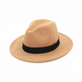 Classic camel wool felt fedora hat with wide brim and black ribbon for men and women - Khaki
