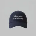 Classic navy blue cotton baseball cap featuring white text embroidery and curved brim - One Size(Adjustable) / Navy Blue