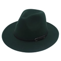 Close-up of dark green felt fedora hat with black leather belt and gold metal buckle detail - M(56-58cm) / Dark Green