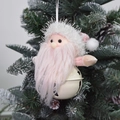 Pink Santa Claus plush ornament with white metal jingle bell hanging on a Christmas tree - Pink and White Santa Claus