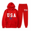 Red USA flag hoodie and sweatpants set in American casual style for men and women - S / Red