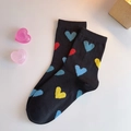 Black cotton mid-calf socks with colorful heart patterns and soft aesthetic decor - One Size / Black With Colorful Heart