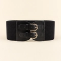 Elastic wide black corset belt featuring double gold metal buckles and faux leather detail - Double Circular Hole Buckle Style / 543 Black