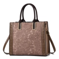 Elegant women's crossbody bag in brown soft leather with floral lace and woven details - Khaki