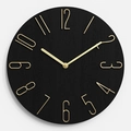 Modern black wood grain wall clock with minimalist gold wire numerals and hands - Black With Champagne Gold Numbers