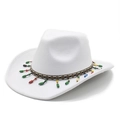 Detail of white wool western cowboy hat with colorful beaded tassel decorative band - M (56-58cm) / White