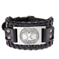 Men's Viking punk braided black leather bracelet with silver Tree of Life metal plate - Genuine Leather Black + Antique Silver