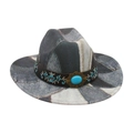 Cappello da cowboy vintage in denim patchwork con ricamo floreale blu e pietra turchese - Taglia unica / Nero (M Cintura in Denim Ricamata)