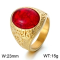 Vintage gold stainless steel Viking ring with oval red gemstone and floral engravings - Gold Color Red Gemstone (KR110142-MZOZ)