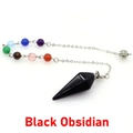 Macro view of black obsidian dowsing pendulum with seven colorful energy beads and chain - Obsidian