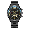 Montre chronographe homme avec bracelet en métal noir et détails or et bleu - Bracelet Noir Aiguille Bleue (Bout Plat)