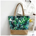 Canvas and jute tote bag with green monstera leaf pattern and brown handles - Green Blue Small Leaf
