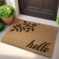 Natural rectangular coir doormat with hello script and branch pattern for entryway - Leaf Greeting