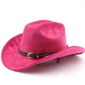 Close-up of fuchsia suede western hat with brown braided leather band and gold buckle - M (56-58cm) / Rose Red