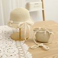 Close-up of summer girls straw hat and matching crossbody bag with white lace bows - S (Kids 52cm 1-6Y) / Beige Hat + Bag