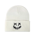 Winter white knit beanie featuring creative black embroidered smiling face for men and women - One Size / White