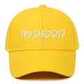 Close-up of yellow baseball cap featuring white YES DADDY? embroidery and twill cotton texture - Adjustable / Yellow