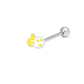 Detailed view of silver surgical steel tongue ring with cute white emoji charm and yellow border - Stainless Steel/Enamel / Smiley Face