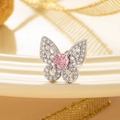 Silver butterfly ear stud with clear crystals and a central round pink gemstone - Pink