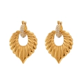 Golden leaf hoop earrings with sparkly rhinestones and vintage textured design - Gold-White Zirconia