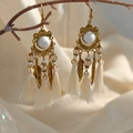 Bohemian vintage tassels earrings with golden feathers and cream cotton beads - Gold and Cream Tassel Style(E6358)