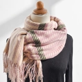 Plaid cashmere scarf in pink beige and green check patterns with tassel fringe details - 180x65cm / Purple Pink