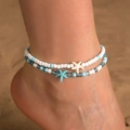 Summer beach style double-layer beaded anklets with starfish charms in blue and white - Double Layer Blue White Starfish Beaded