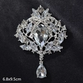 Vintage silver brooch with luxury crystals and pear-shaped drop pendant, 6.8x9.5cm - White Crystal Crown