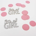 Pink and silver 'It's a Girl' baby shower confetti and glitter party table decorations - Silver GIRL + Pink Round