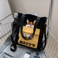 Borsa tote in tela gialla e nera con stampa corgi e tracolla regolabile rimovibile - Stampa Corgi a Tasca Singola / Nero