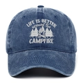 Detail of embroidered 'Life is Better around the Campfire' text on navy cotton baseball cap - Navy Blue