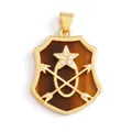 Pendentif blason doré avec pierre oeil de tigre, étoile en strass et flèches croisées - Bouclier Oeil de Tigre