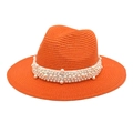 Orange straw jazz hat for women with elegant white pearl decorative band on white background - M (56-58cm) / Orange