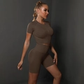 Deep coffee seamless high waist sports set with short sleeve crop top and biker shorts - Brown