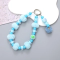 Blue beaded phone wristlet strap with soft plush ball and heart charm accent - Blue Pompom Pendant Style (K2669)