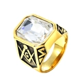 Anello massonico dorato con grande gemma quadrata trasparente ed emblemi incisi - Misura 7 / Oro Nero con pietra bianca
