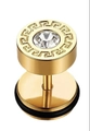 Golden stainless steel round stud earring with Greek key pattern and central crystal - Round Zirconia Dumbbell Stud Earring (MS-555) / Gold