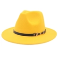 Close-up of a bright yellow fedora hat with a black leather band and gold buckle details - M (56-58cm) / Yellow