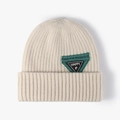 Gorro de punto beige de doble capa para mujer con parche HAPPY para invierno - Talla única / Beige