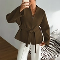 Brown wool blend cropped blazer jacket with waist belt for a casual vacation style - S / Brown