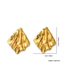 Macro shot of gold irregular molten texture earrings with pleated flame pattern details - Molten Texture Leaf Style (E0362)